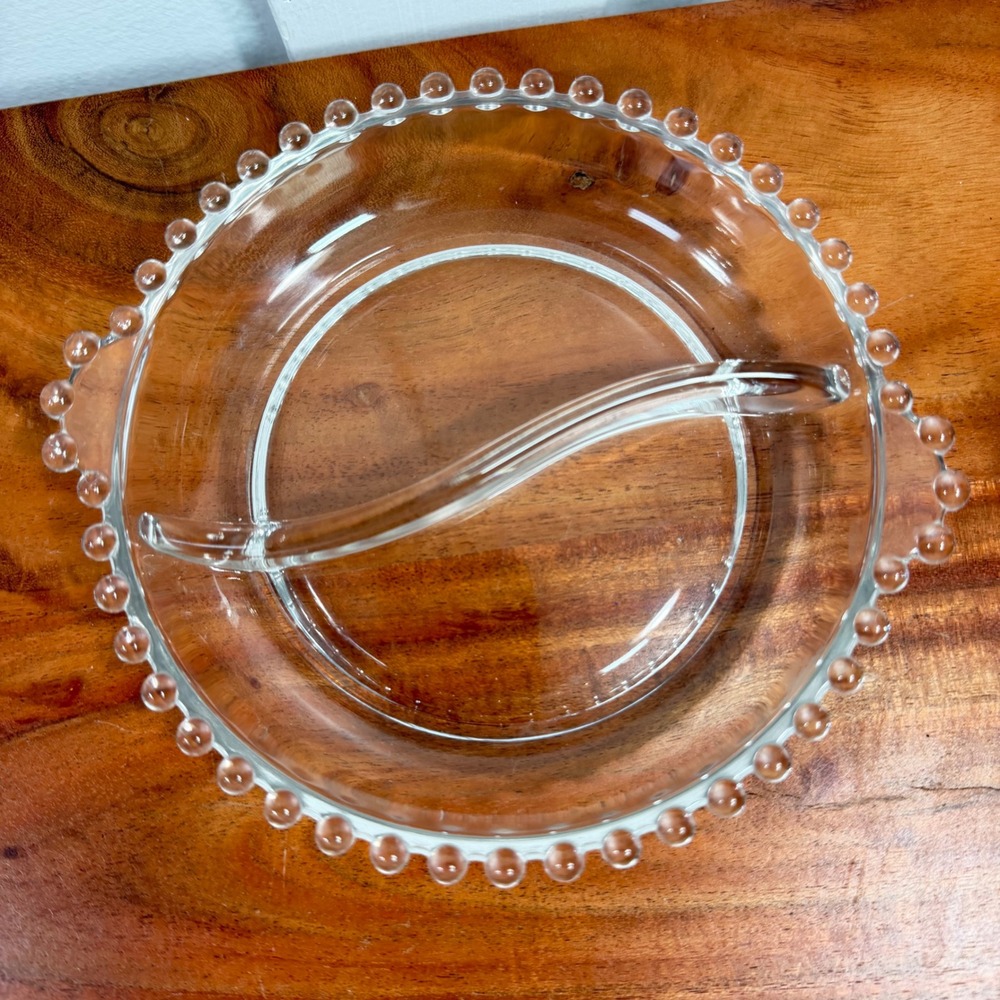 Vintage Candlewick Fire-King Clear Glass Divided Relish Dish Beaded‎ Bubble Edge